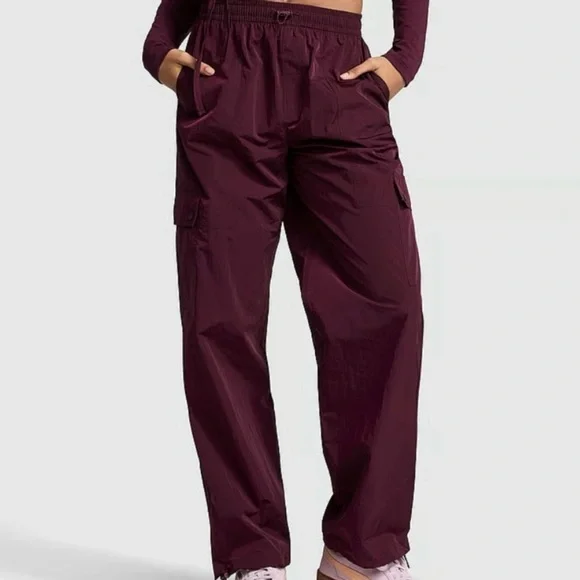 PINK Victoria's Secret Satin Parachute Cargo Pants - Maroon - Picture 1 of 6